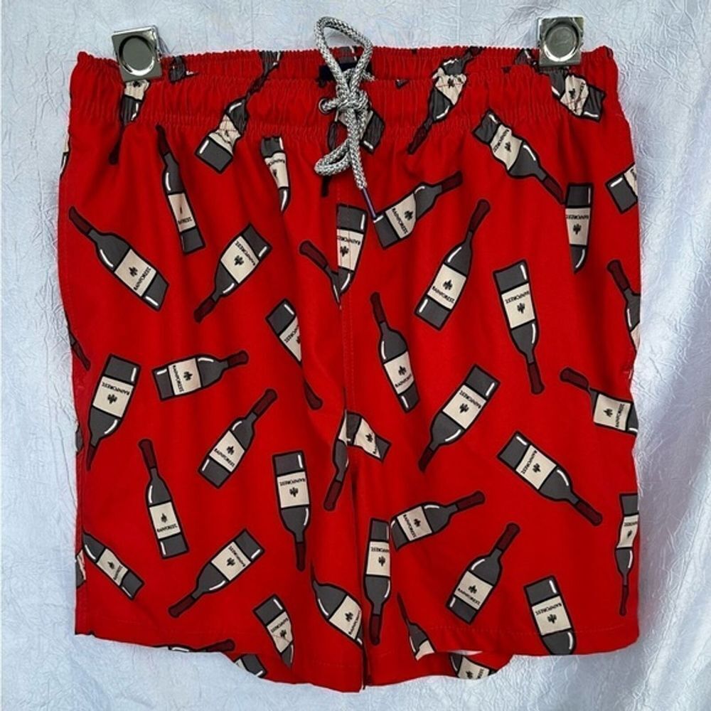 RAINFOREST Size L Sip Happens Wine Bottle Swim Trunks Red Pattern‎ Shorts